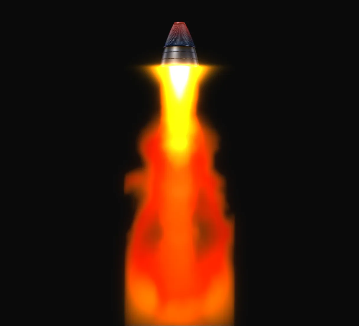 A bell nozzle firing; the plume changes with fuel, throttle, and exit pressure.