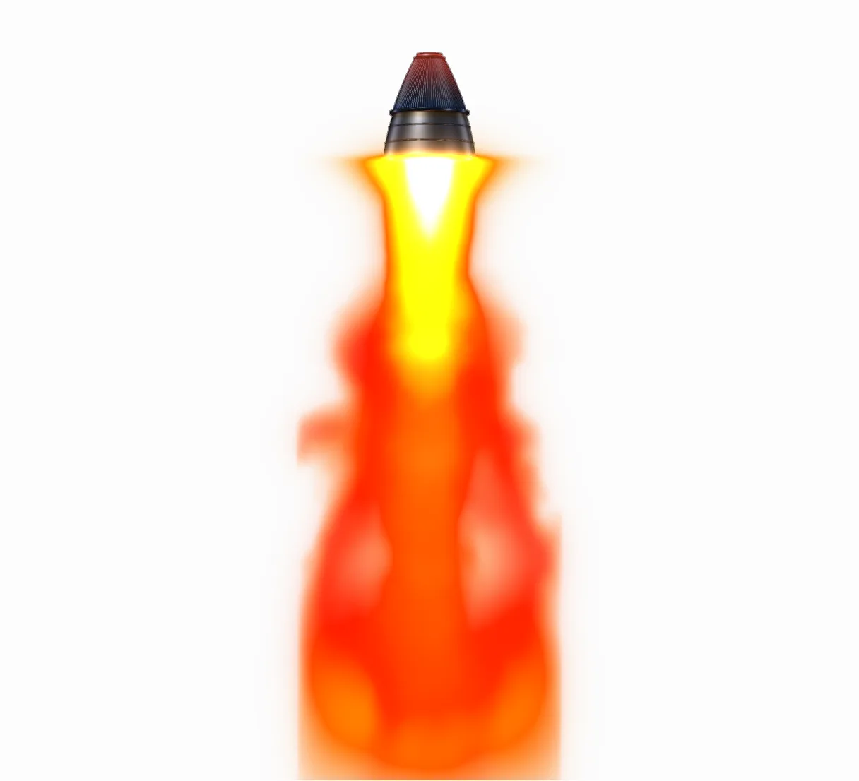 A bell nozzle firing; the plume changes with fuel, throttle, and exit pressure.